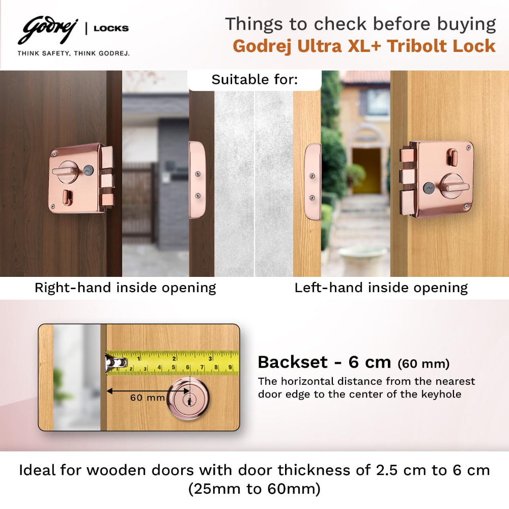 Godrej Rim Lock I Tribolt Ultra XL plus  l 1CK Deadbolt I for Inside Opening Wooden Door | Left or Right Handed Doors I 4 Keys I 5-Year Warranty I Manual Locking l Rose Gold Finish